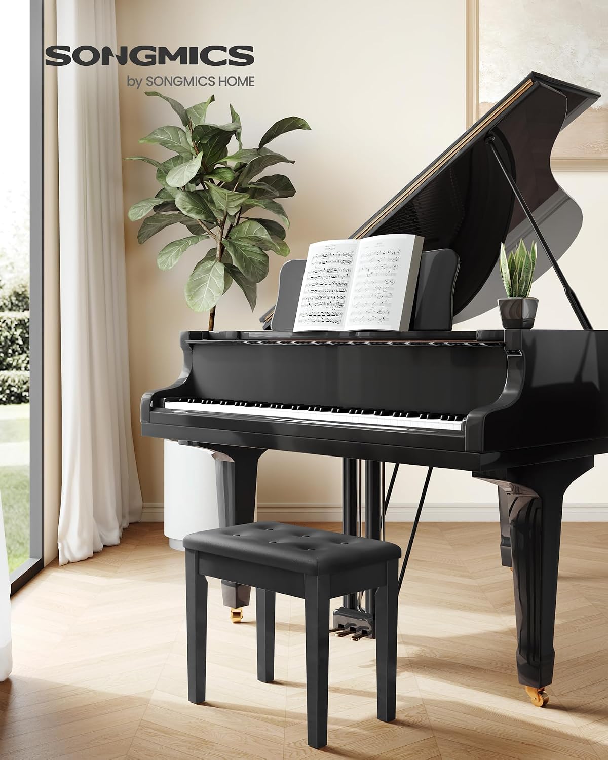 SONGMICS Piano Bench with Padded Cushion and Storage Compartment for Music Books, Vanity Stool, Tufted Wooden Piano Seat, 13.8 x 22 x 19.5 Inches, Black ULPB55H
