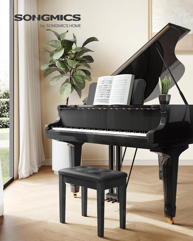 SONGMICS Piano Bench with Padded Cushion and Storage Compartment for Music Books, Vanity Stool, Tufted Wooden Piano Seat, 13.8 x 22 x 19.5 Inches, Black ULPB55H