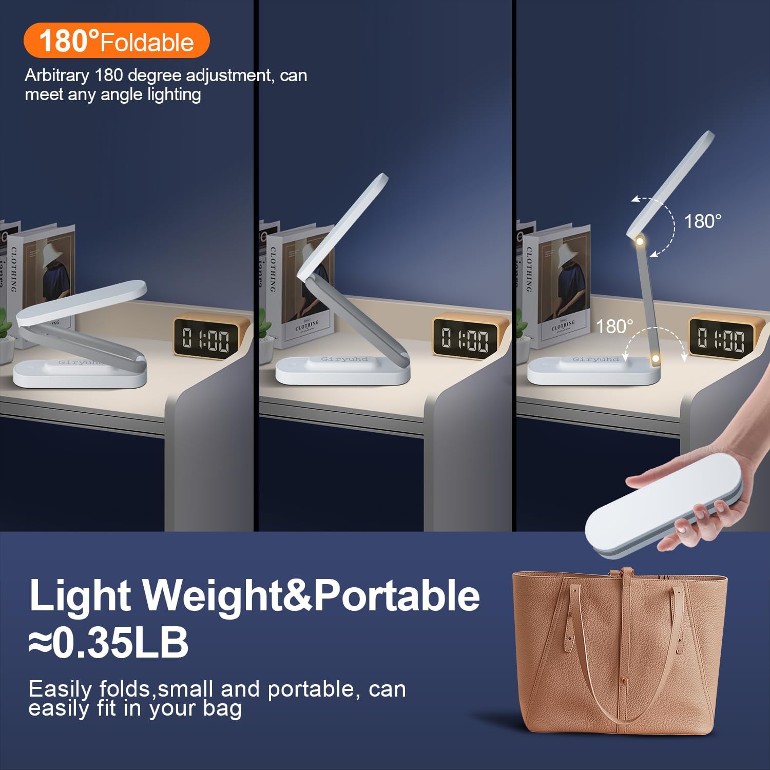 Giryuhd LED Desk Lamp for Office Home & Battery Operated Lamp Rechargeable Lamp Foldable & Portable Light, LED Desk Light Strip, 3 Brightness Dimmable Small Desk Lamp Wireless Reading Lamp (White)