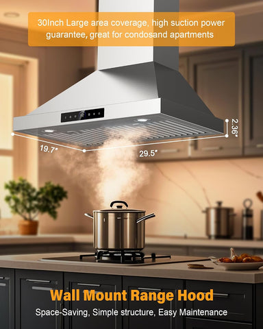 30 Inch Wall Mount Range Hood 1200 CFM, 4-Speed Smart Kitchen Range Hood 30 Inch with Touch Control & Gesture Sensing, 1500 Lumens LED Lights