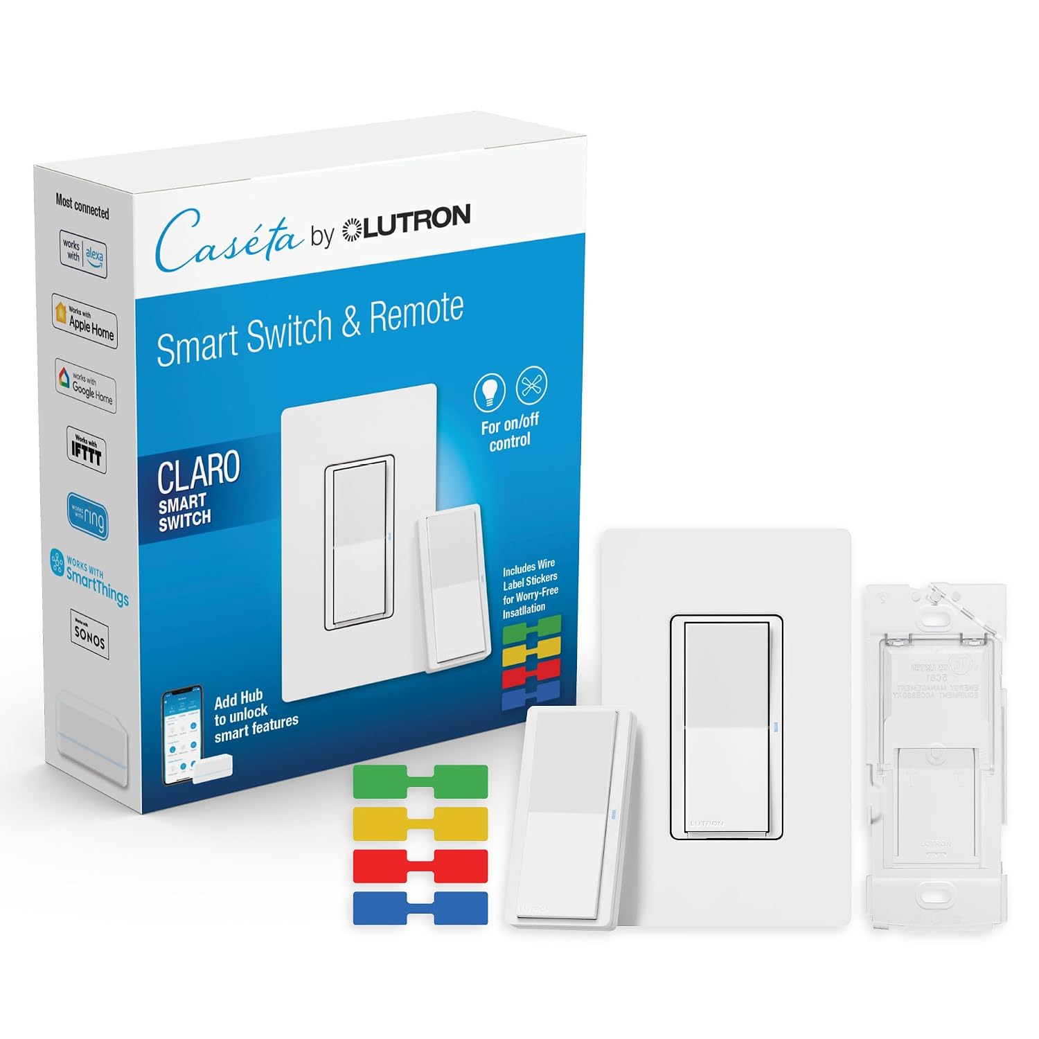 Lutron Claro 3-Way Smart Switch Kit; Switch, Wallplate, Remote & Bracket