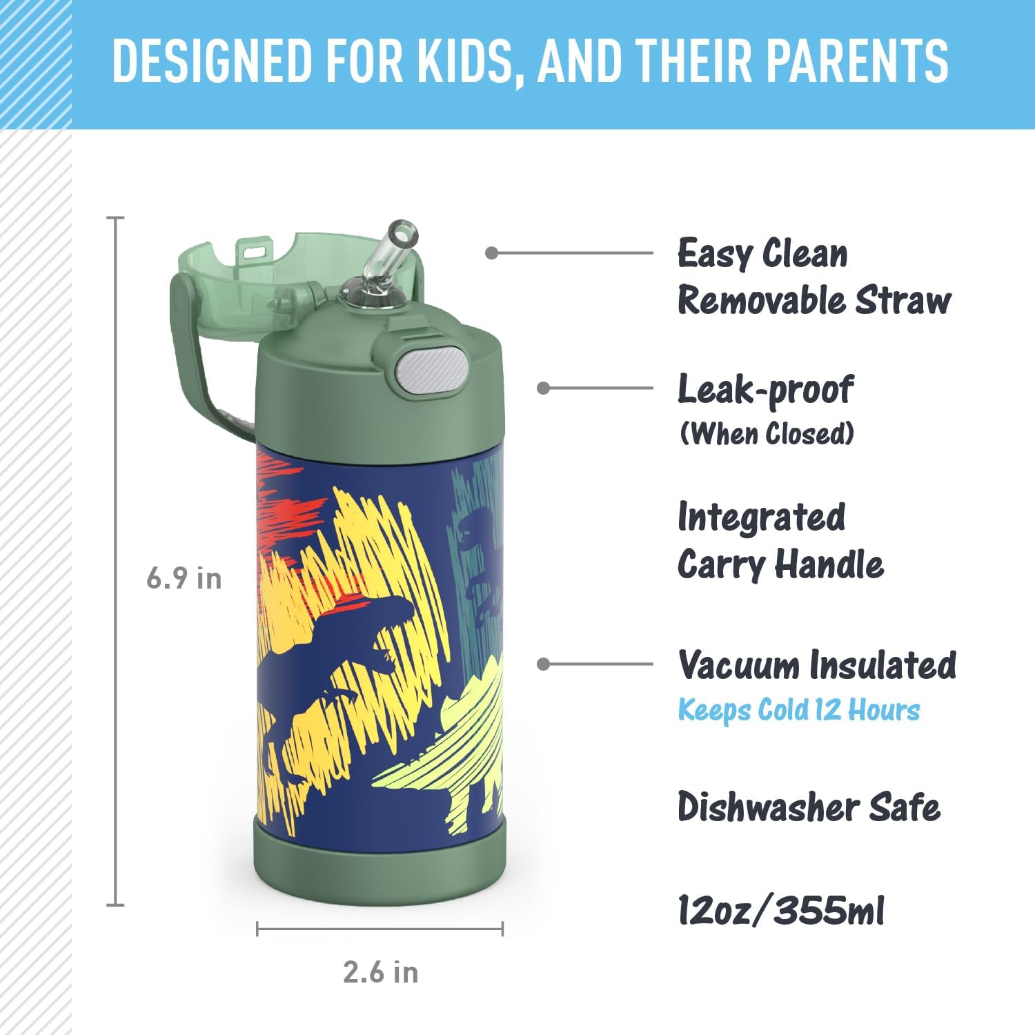 THERMOS FUNTAINER Water Bottle with Straw, 12oz, Dinosaurs