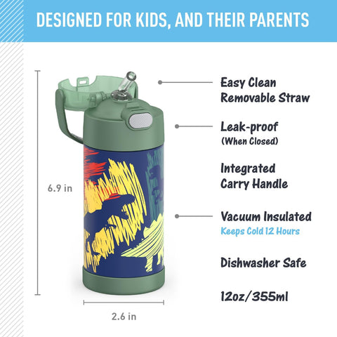 THERMOS FUNTAINER Water Bottle with Straw, 12oz, Dinosaurs