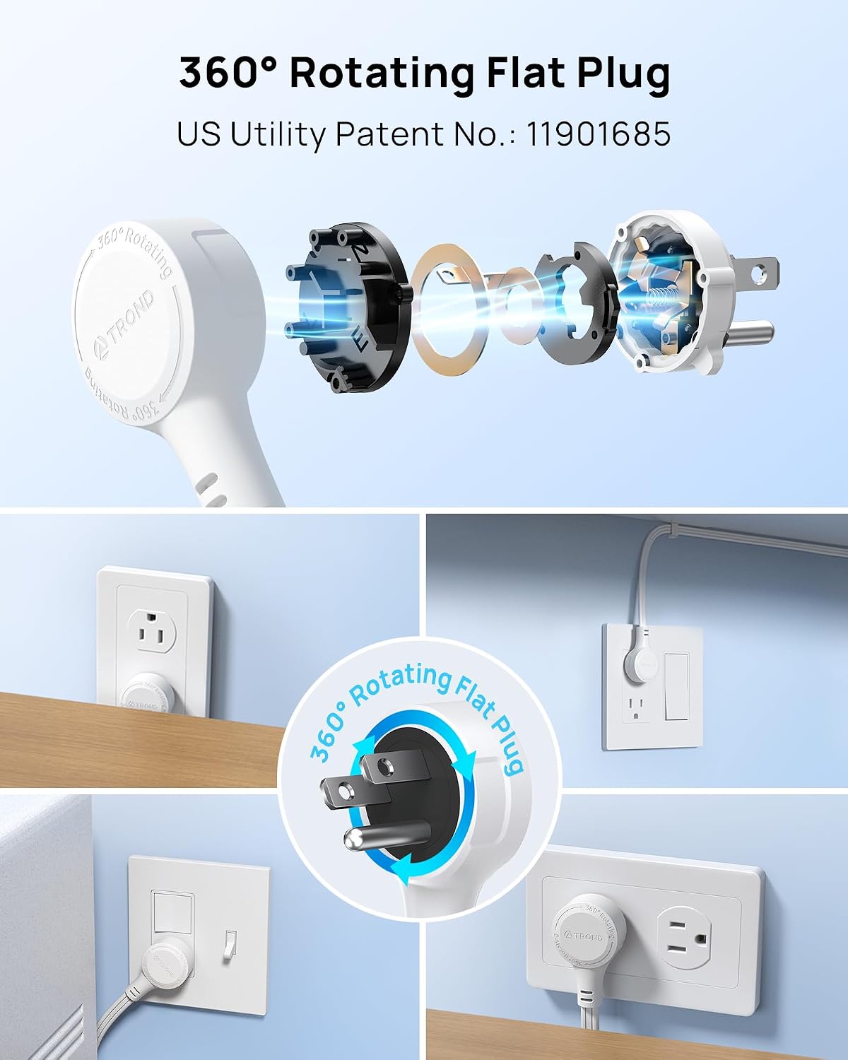 TROND Rotating Flat Plug Extension Cord Surge Protector 6ft, 3 AC, White