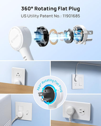 TROND Rotating Flat Plug Extension Cord Surge Protector 6ft, 3 AC, White