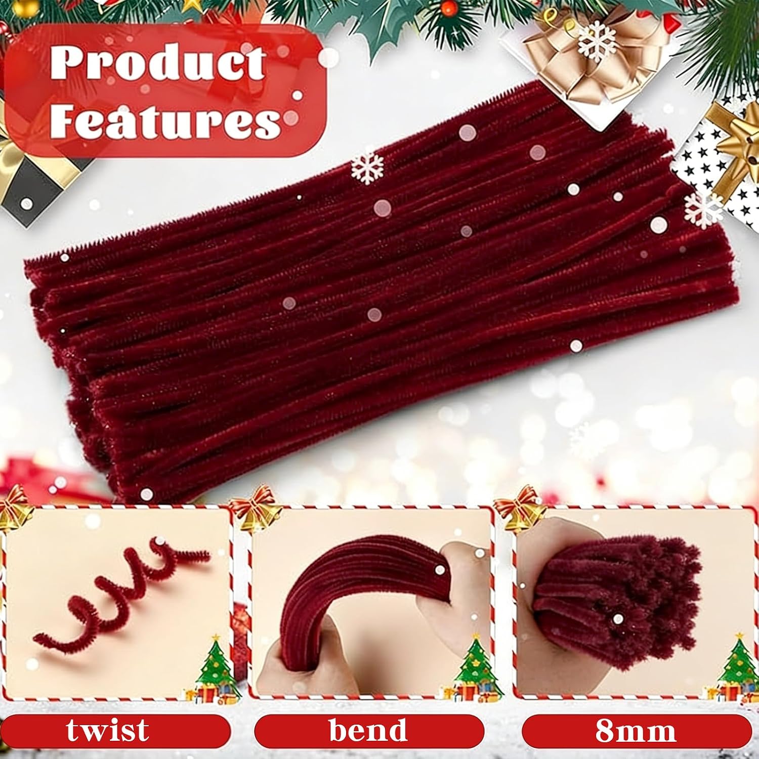 Pipe Cleaners,200Pcs Wine Red Pipe Cleaner Flower Kit,Chenille Stems for DIY Bouquet Festivals Room Decor,Valentine's Day Craft Supplies,Christmas Ornaments,Halloween Fall Decorations for Home Crafts