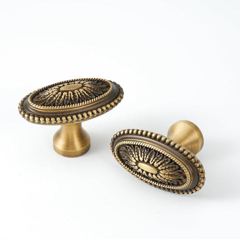 10 Pack Oval Cabinet Knobs Brass Drawer Knobs 1.77" (45mm) Diameter Antique Brass Hardware Handles for Kitchen Cabinet Dresser Cupboard Furniture and Bathroom Fixture