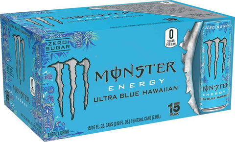 Monster Energy Ultra Blue Hawaiian, Sugar Free Energy Drink, 16 Ounce | Pack of 15