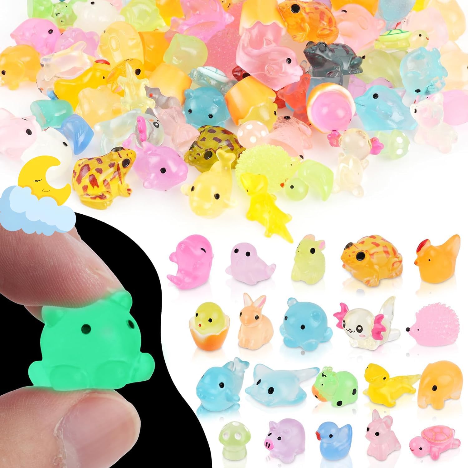 100Pcs Luminous Mini Resin Animals Bulk, 20 Styles Glow in The Dark Plastic Tiny Animals Figures for Fairy Garden, Dollhouse, Aquarium, Party Favors & Home Decor Crafts