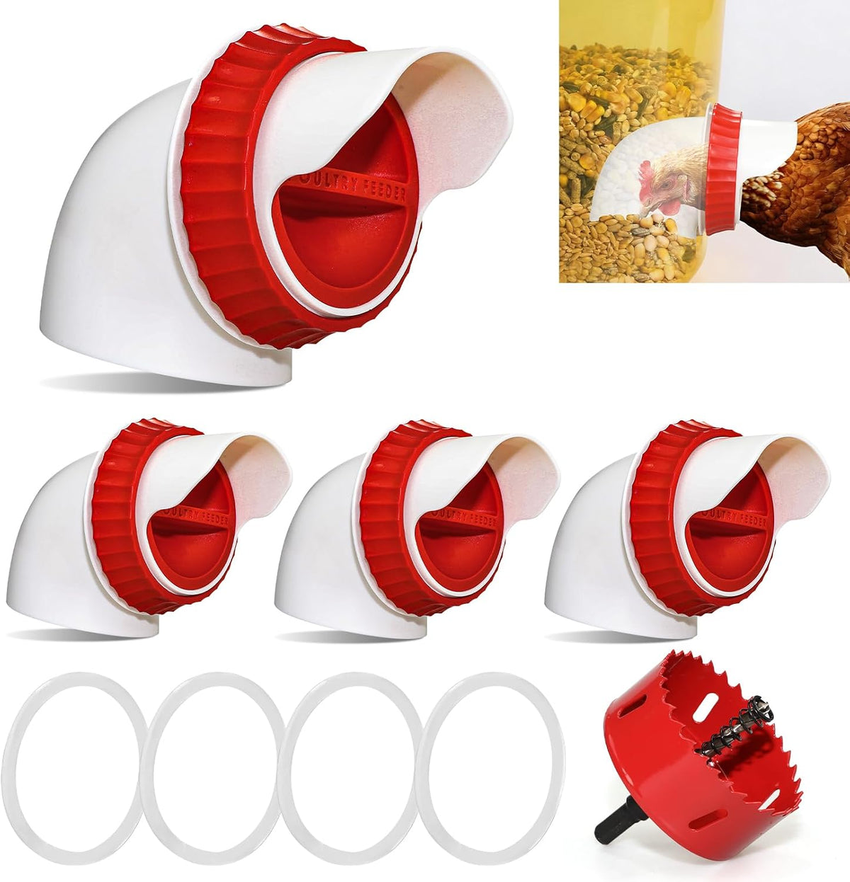 4PACK No Waste Chicken Feeder Ports, Chicken Feeder Cups for Bucket