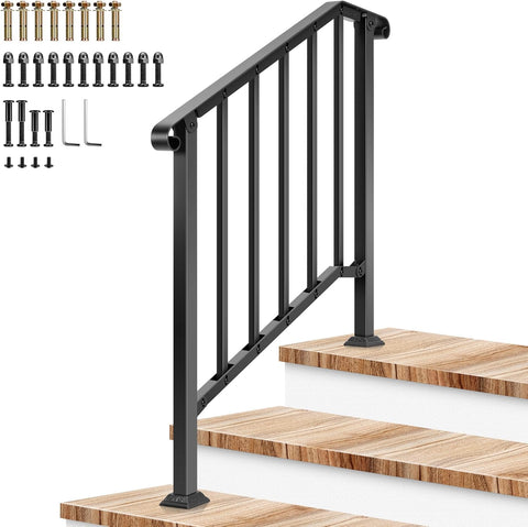 VIVOSUN 3-Step Railing 40"x36" Wrought Iron with Curved & Balusters Black