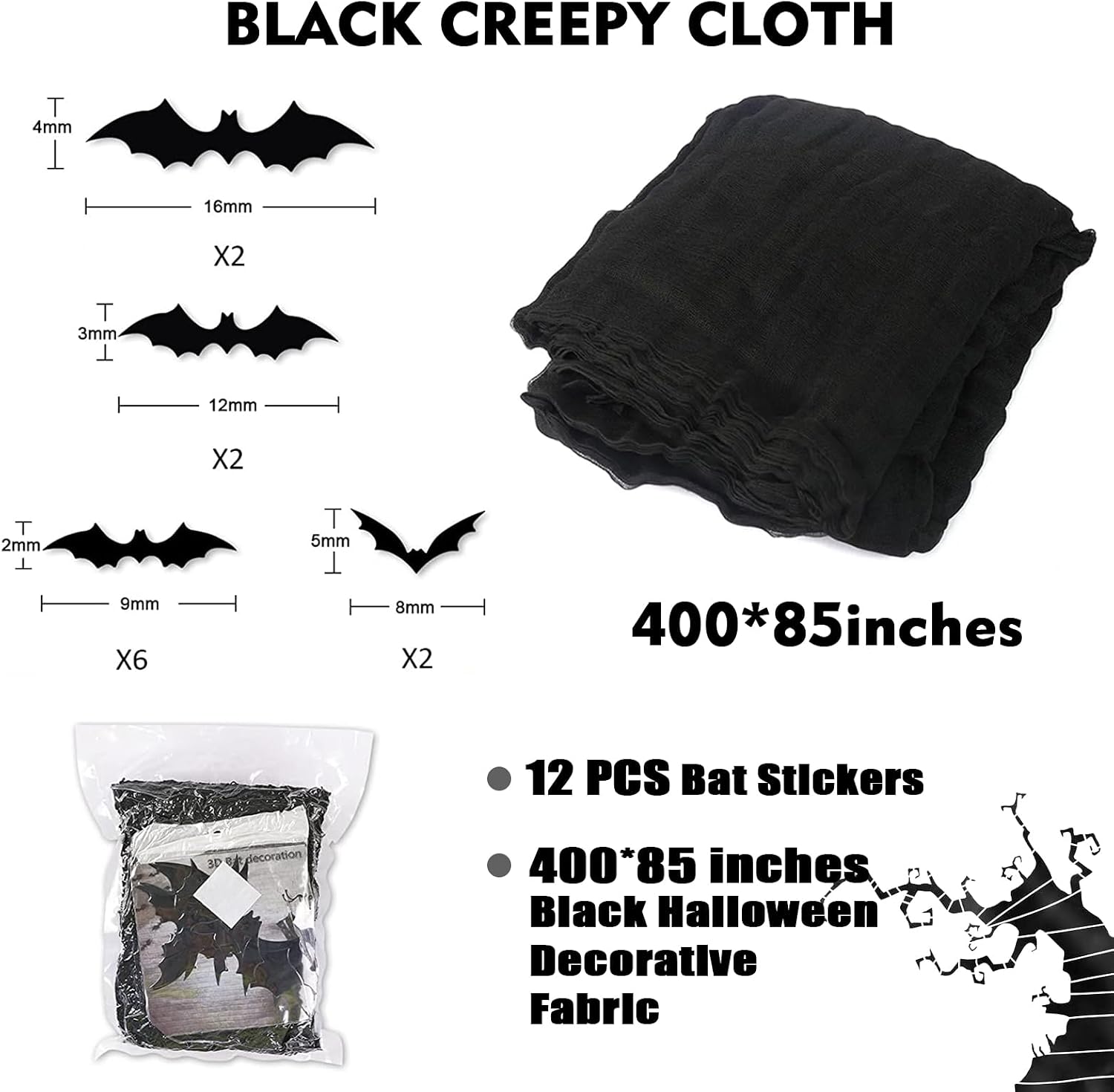 400" x 85" Halloween Black Creepy Cloth, Large Size Spooky Gauze Fabric, Halloween Scary Decoration for Haunted Houses Party Supplies Indoor Outdoor-Black 400" x 85"