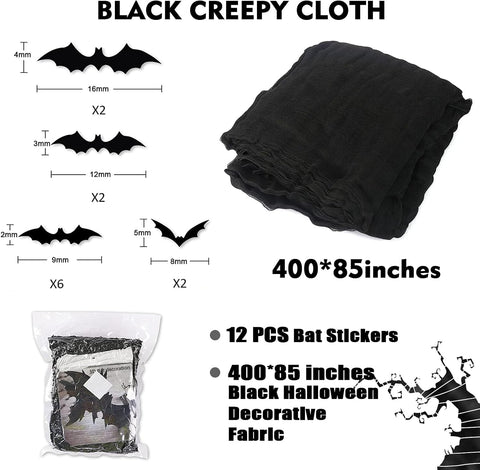 400" x 85" Halloween Black Creepy Cloth, Large Size Spooky Gauze Fabric, Halloween Scary Decoration for Haunted Houses Party Supplies Indoor Outdoor-Black 400" x 85"