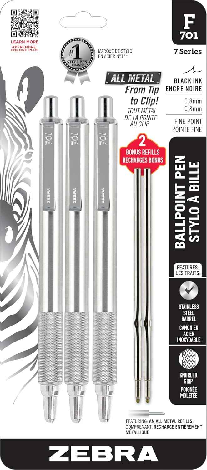 Zebra Pen STEEL F-701 Retractable Ballpoint Pen, Black Ink, 0.8mm, 4-Pack | Built for Tactical / EDC Use, Stainless Steel, Knurled Grip, Heavy-Duty Construction, Fine Point Tip, Plus Refills (50113)