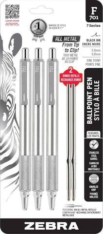 Zebra Pen STEEL F-701 Retractable Ballpoint Pen, Black Ink, 0.8mm, 4-Pack | Built for Tactical / EDC Use, Stainless Steel, Knurled Grip, Heavy-Duty Construction, Fine Point Tip, Plus Refills (50113)