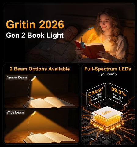 Gritin 2026 Gen 2 Book Light for Reading- 30 Eye Caring Full Spectrum LED