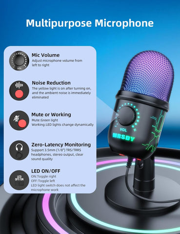 MRSDY USB Gaming Microphone for PC with Noise Reduction, Mute, Gain, RGB
