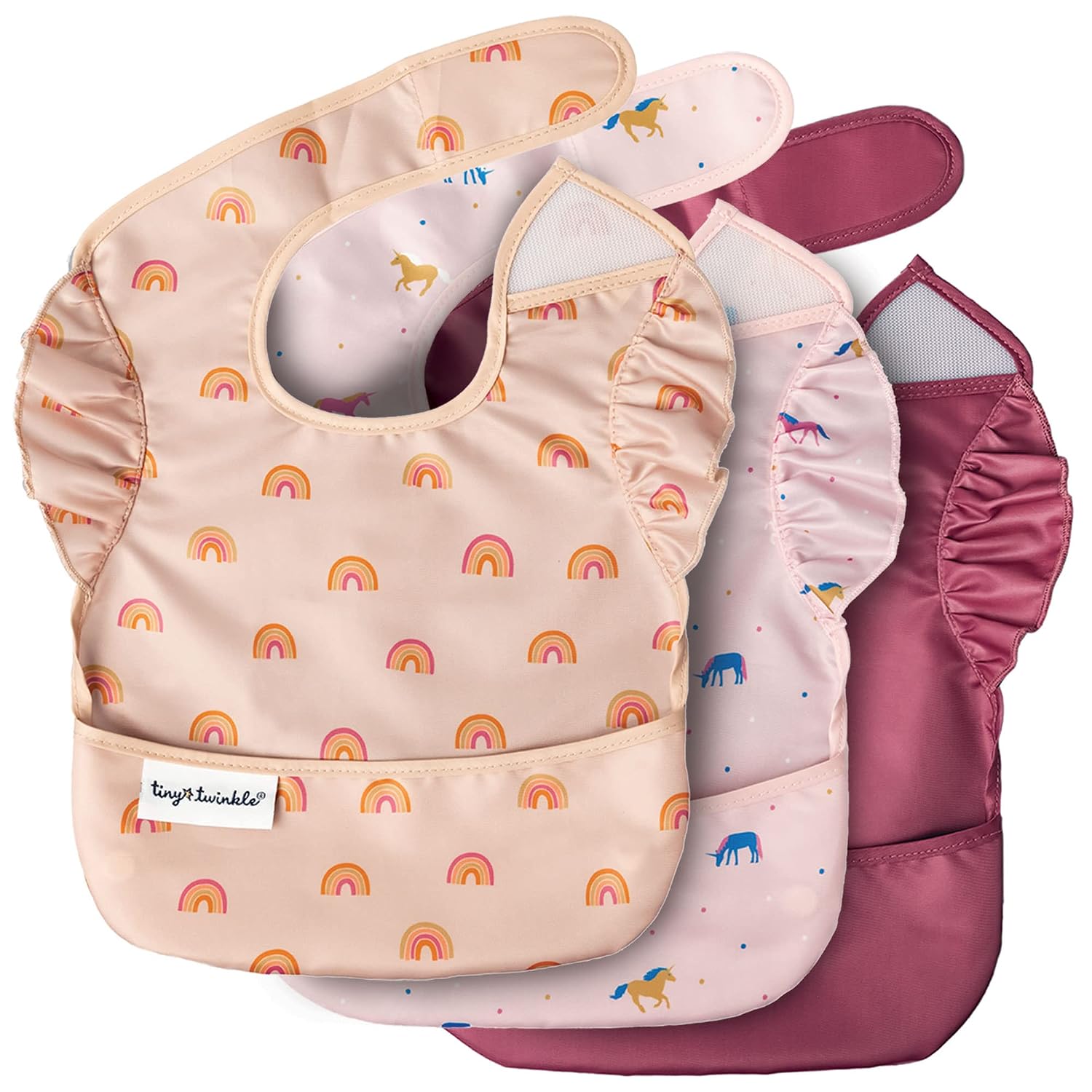 Tiny Twinkle Mess-Proof Baby Bibs for Eating | Waterproof, Wipeable Toddler Bibs with Catch-All Pocket | Feeding Bibs for Girls & Boys(3 Pack,Unicorn)