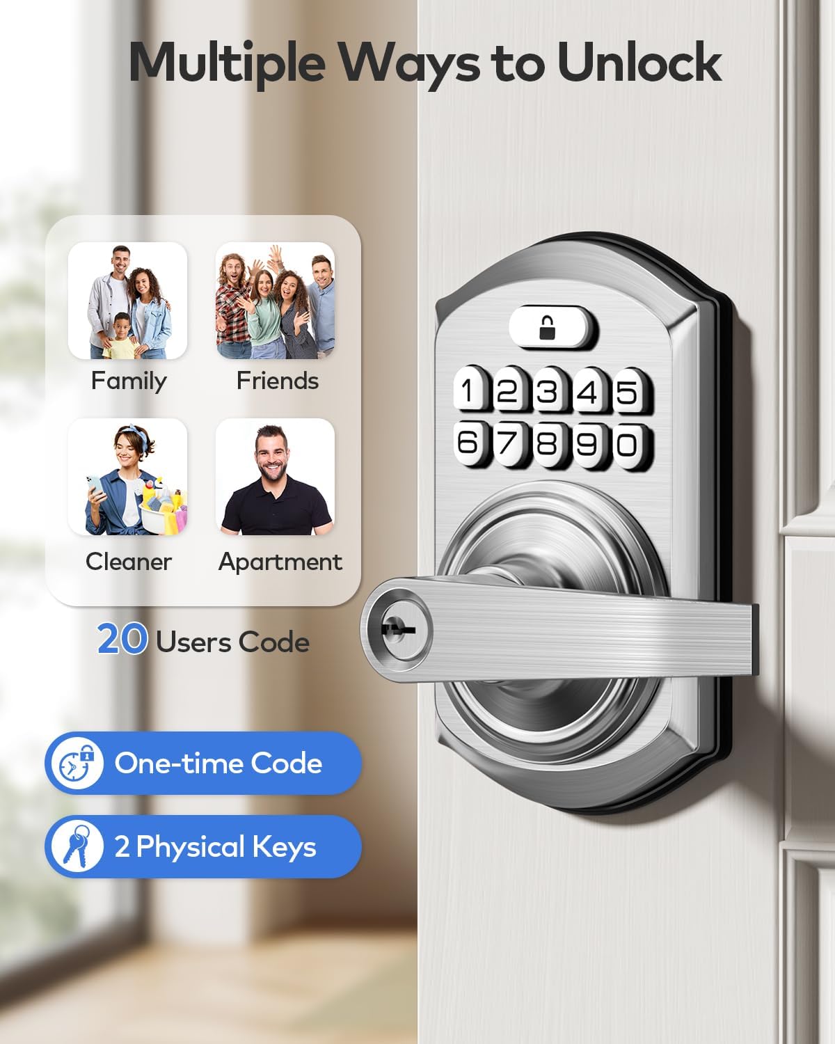 TEEHO TE004 Keyless Entry Door Lock Handle with Keypad, Satin Nickel