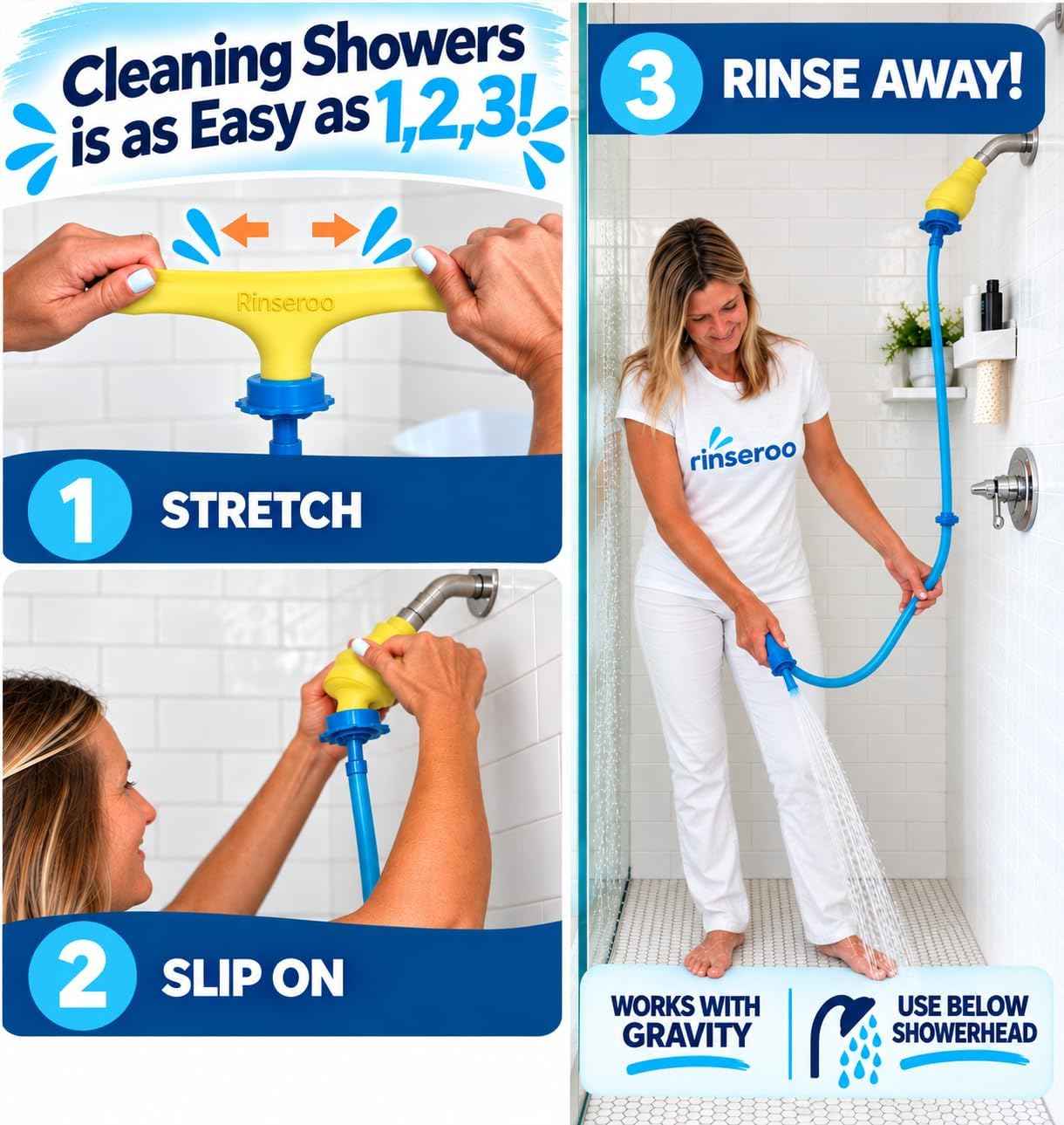 Rinseroo JUMBO Shower Cleaning Thing – Slip-On Handheld Hose Attachment for Fast, Mess-Free Shower Wall Rinsing–6 Ft Hose, Fits Up to 7" Shower Head–Temporarily Converts Standard Shower into Handheld