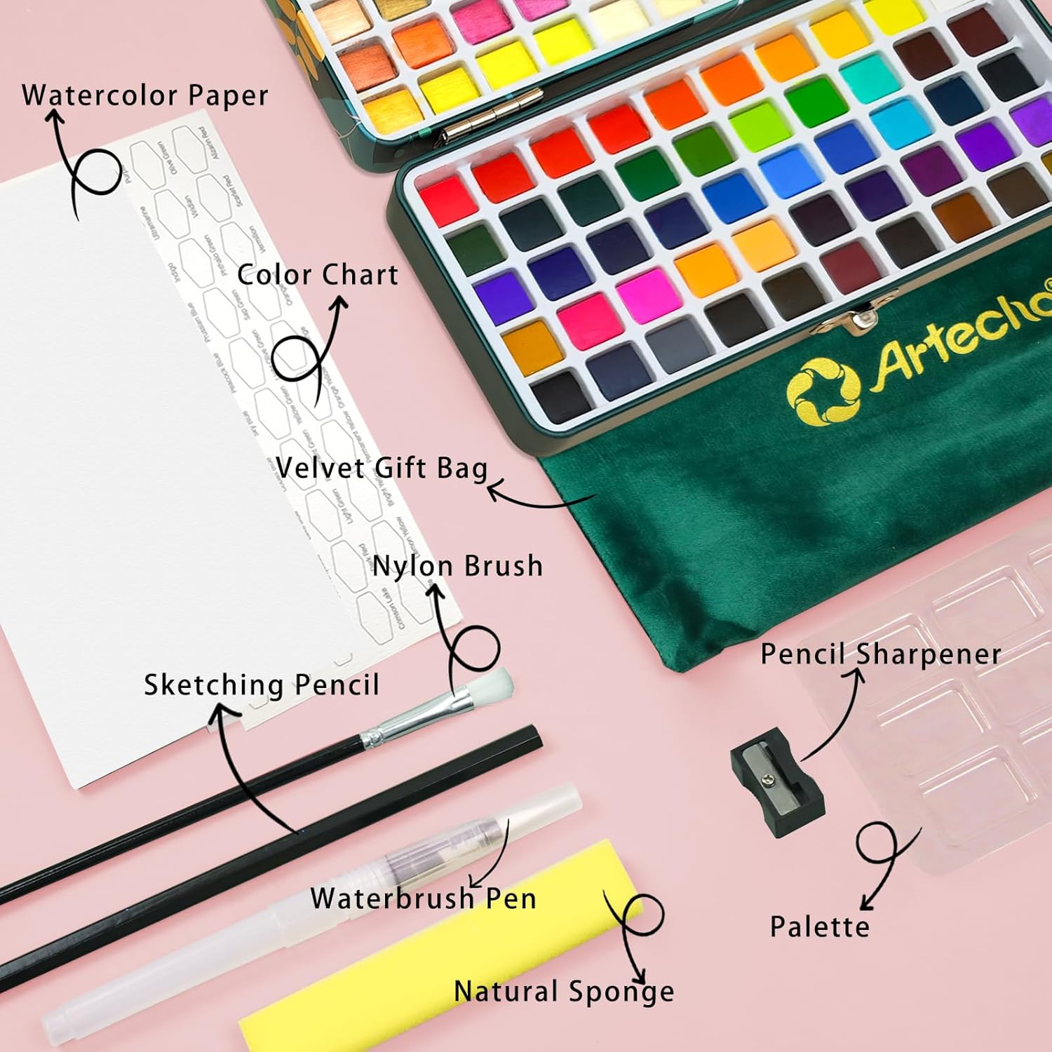 Artecho 100 Colors Watercolor Paint Set with Metallics, Portable Tin Case