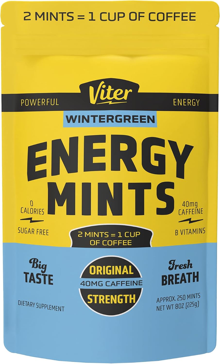 Viter Energy Caffeine Mints 40mg, Sugar Free, Wintergreen, 8oz Bulk Bag
