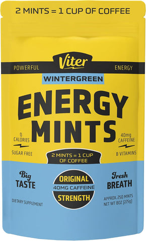 Viter Energy Caffeine Mints 40mg, Sugar Free, Wintergreen, 8oz Bulk Bag