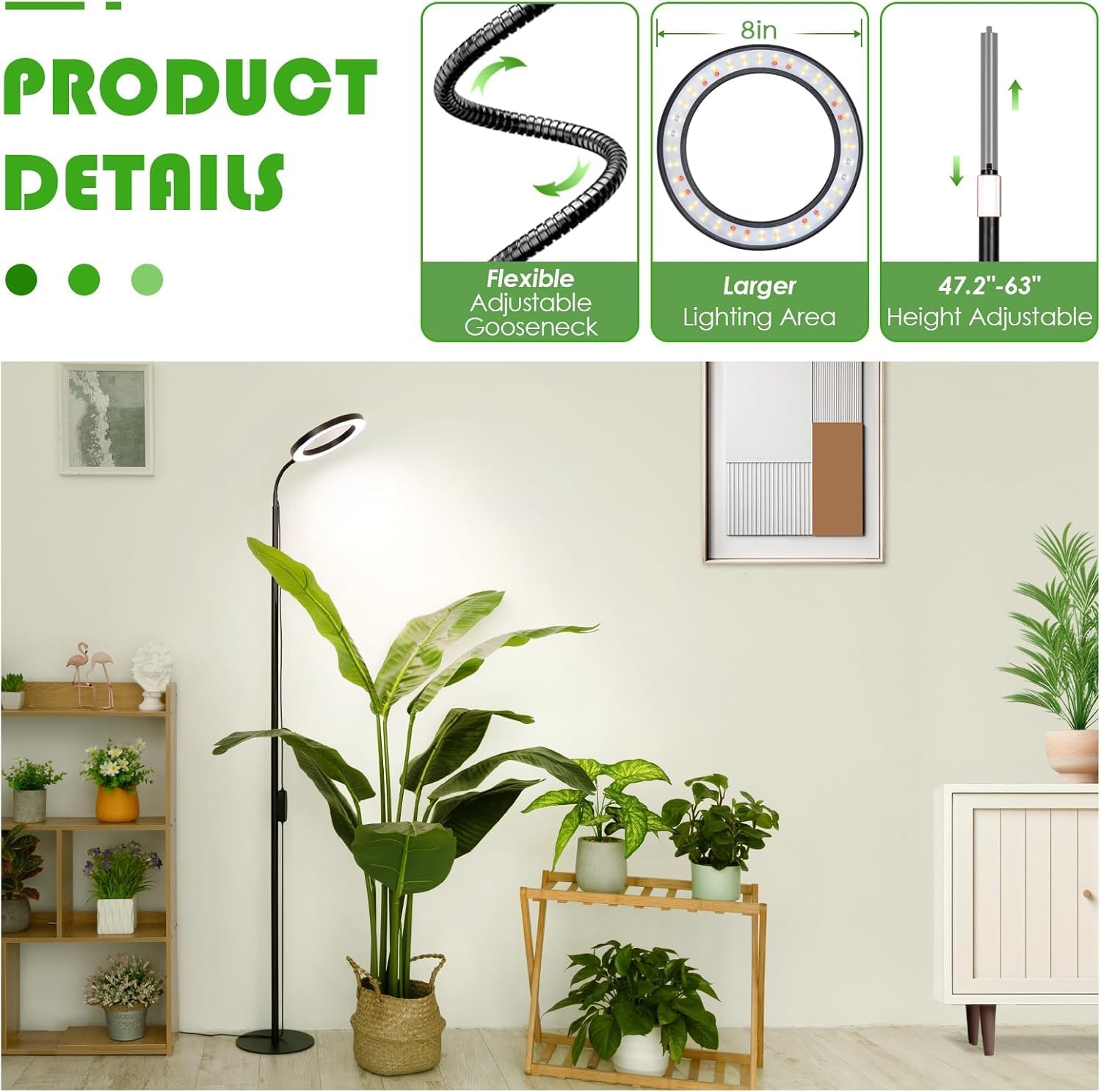 LBW Grow Light with Stand for Indoor Plants, 8" Halo Full Spectrum Grow Light, Adjustable Height up to 68", Auto Cycle Timer (4/8/12H), 6-Level Dimmable, Plant Light for Indoor Growing