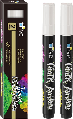 TFIVE White Liquid Chalk Markers, 2 Pack Erasable Chalkboard Markers
