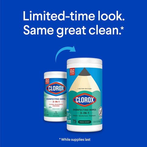 Clorox Disinfecting Wipes Back to School, Bleach Free, Fresh Scent, 75 Count (Pack May Vary)