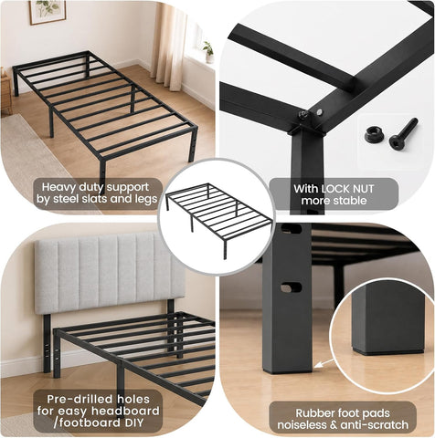 Twin Platform Bed Frame, Modern Metal Design with Underbed Storage Space