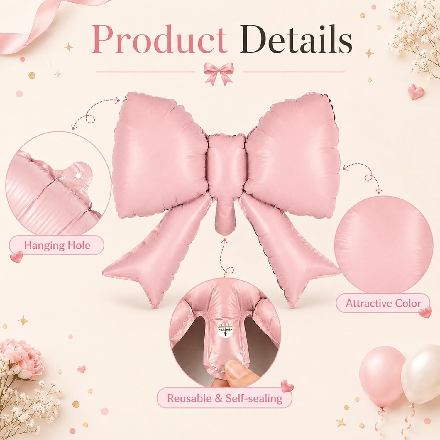 40 Inch Cream Number 1 with Pink Bow Balloon for Birthday Party Decorations