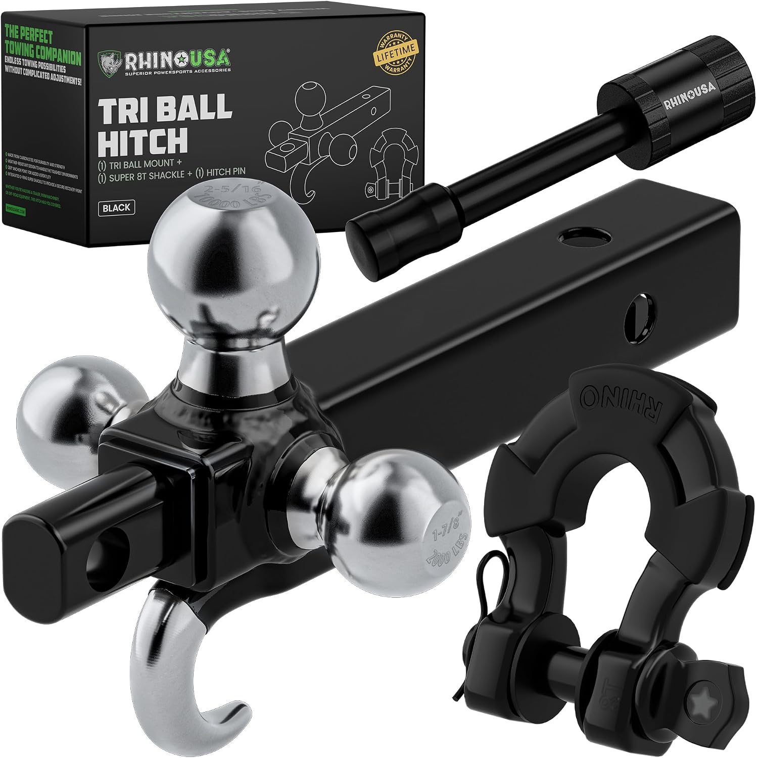 Rhino USA Trailer Hitch Tri-Ball Mount with Hook & Shackle - 2in Receiver