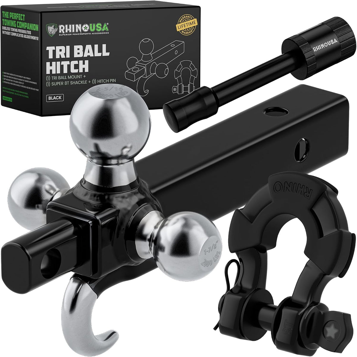 Rhino USA Trailer Hitch Tri-Ball Mount with Hook & Shackle - 2in Receiver