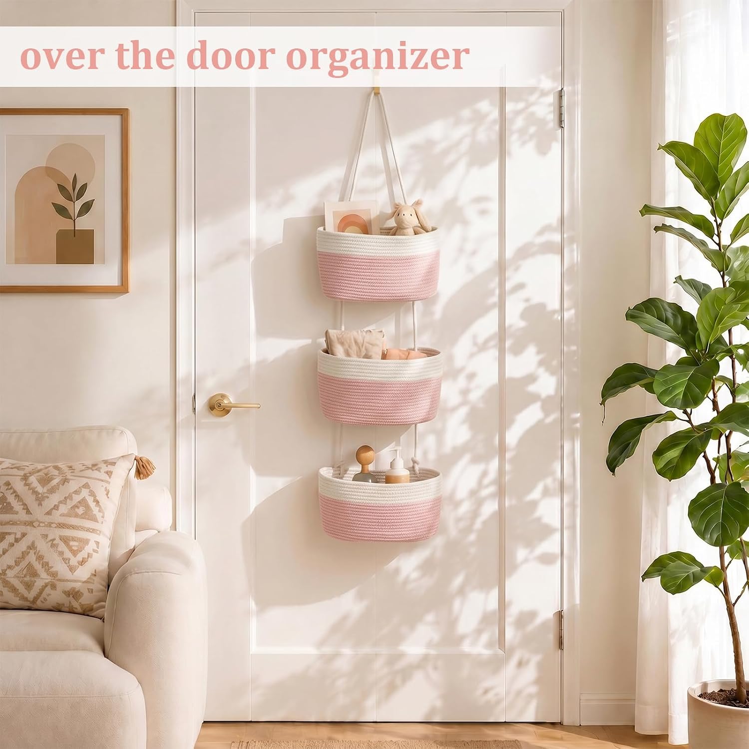 TeoKJ Over the Door Hanging Storage Basket 3 Tier Wall Organizer White&Pink