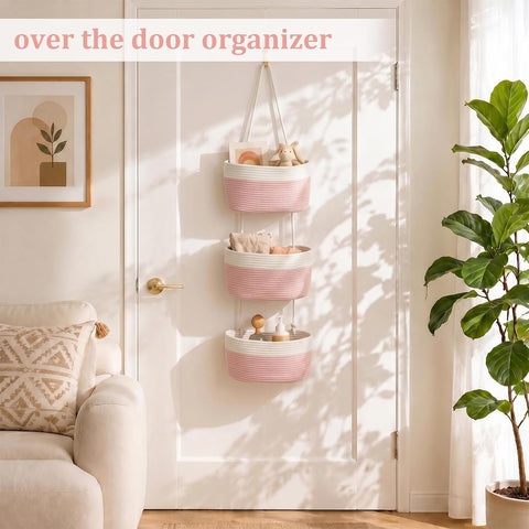 TeoKJ Over the Door Hanging Storage Basket 3 Tier Wall Organizer White&Pink