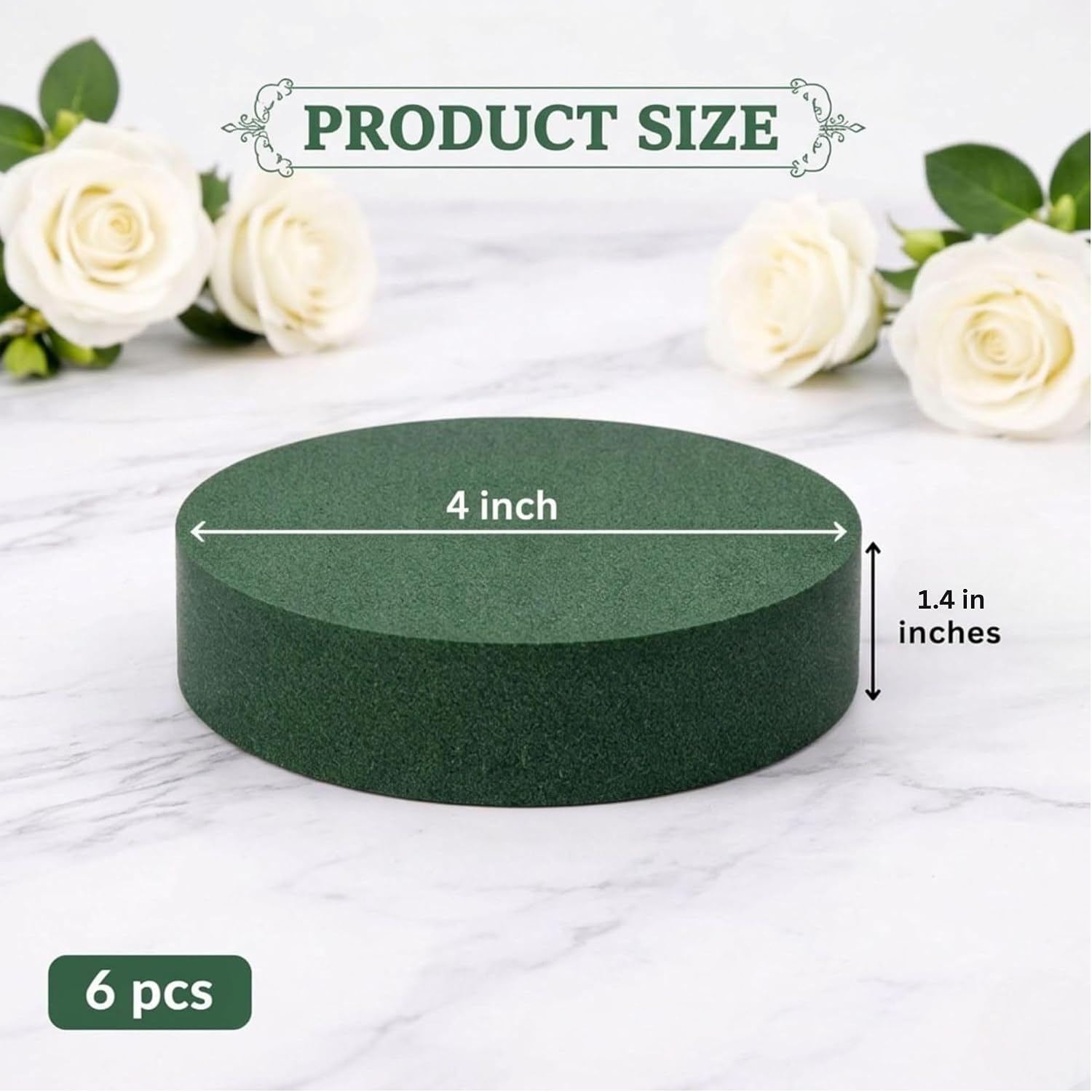 Pack of 6 FLOFARE Round Floral Foam Blocks for Fresh and Artificial Flowers, Each (4" X 1.4"), Dry & Wet Green Flower Foam for Flower Arrangements & Florist Supplies
