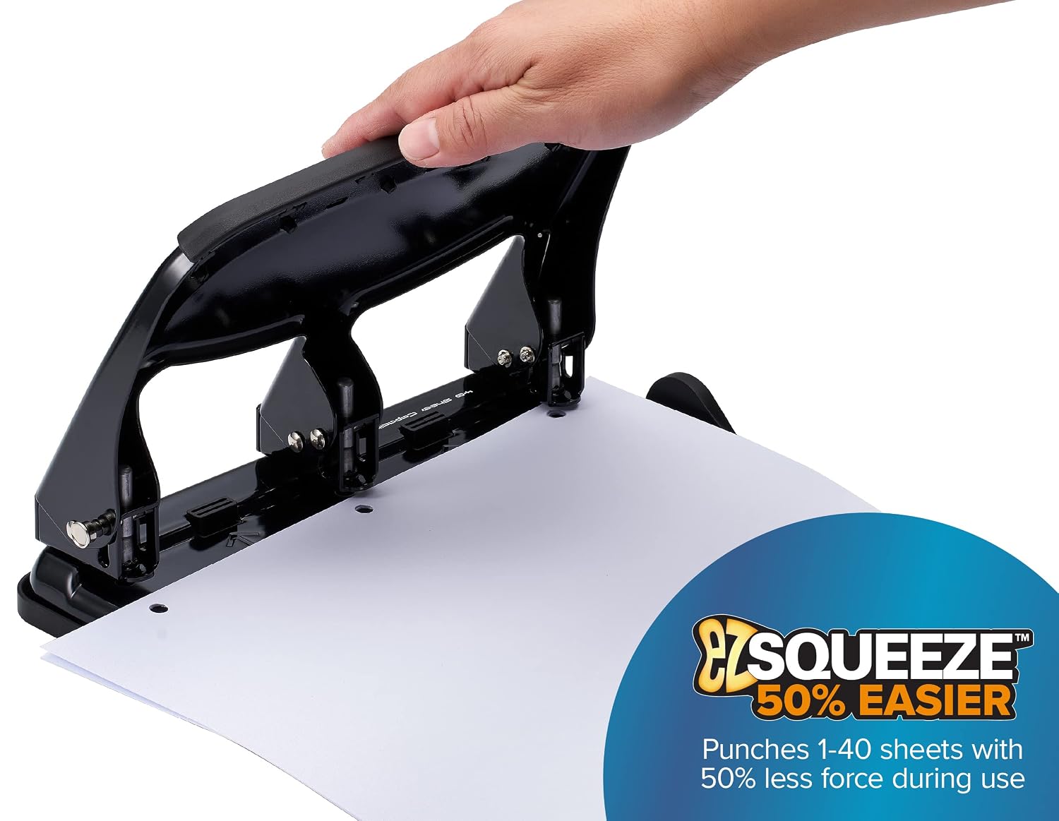 Bostitch Office EZ Squeeze Heavy Duty 3-Hole Punch for Home Office & School, 40-Sheet Capacity, One-Touch Reduced Force, Sleek Black Design