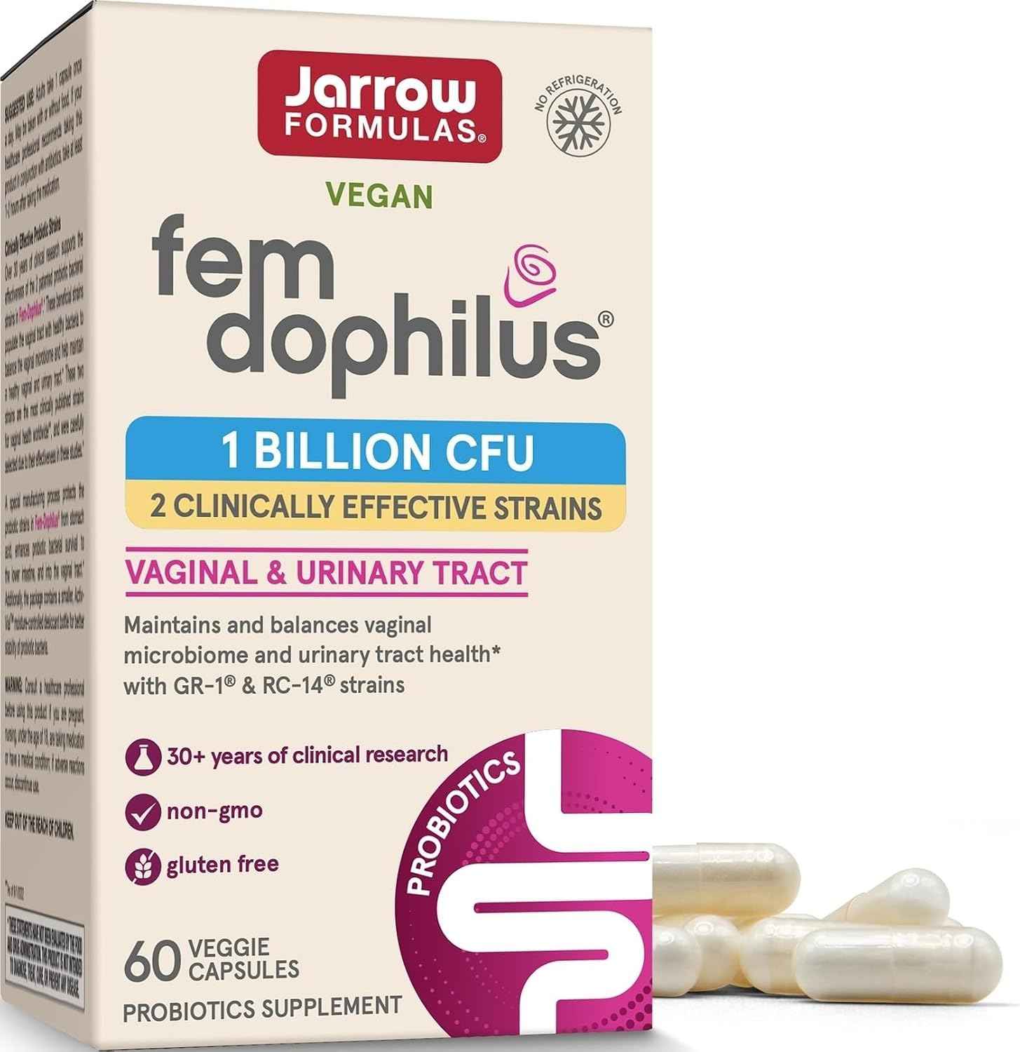 Jarrow FemDophilus Probiotics, Vaginal & Urinary Tract Support, 60 Capsules | Vaginal Health Support, Urinary Tract Support, 1 Billion CFU, Clinically Studied Strains, Shelf-Stable, Vegan, Gluten-Free