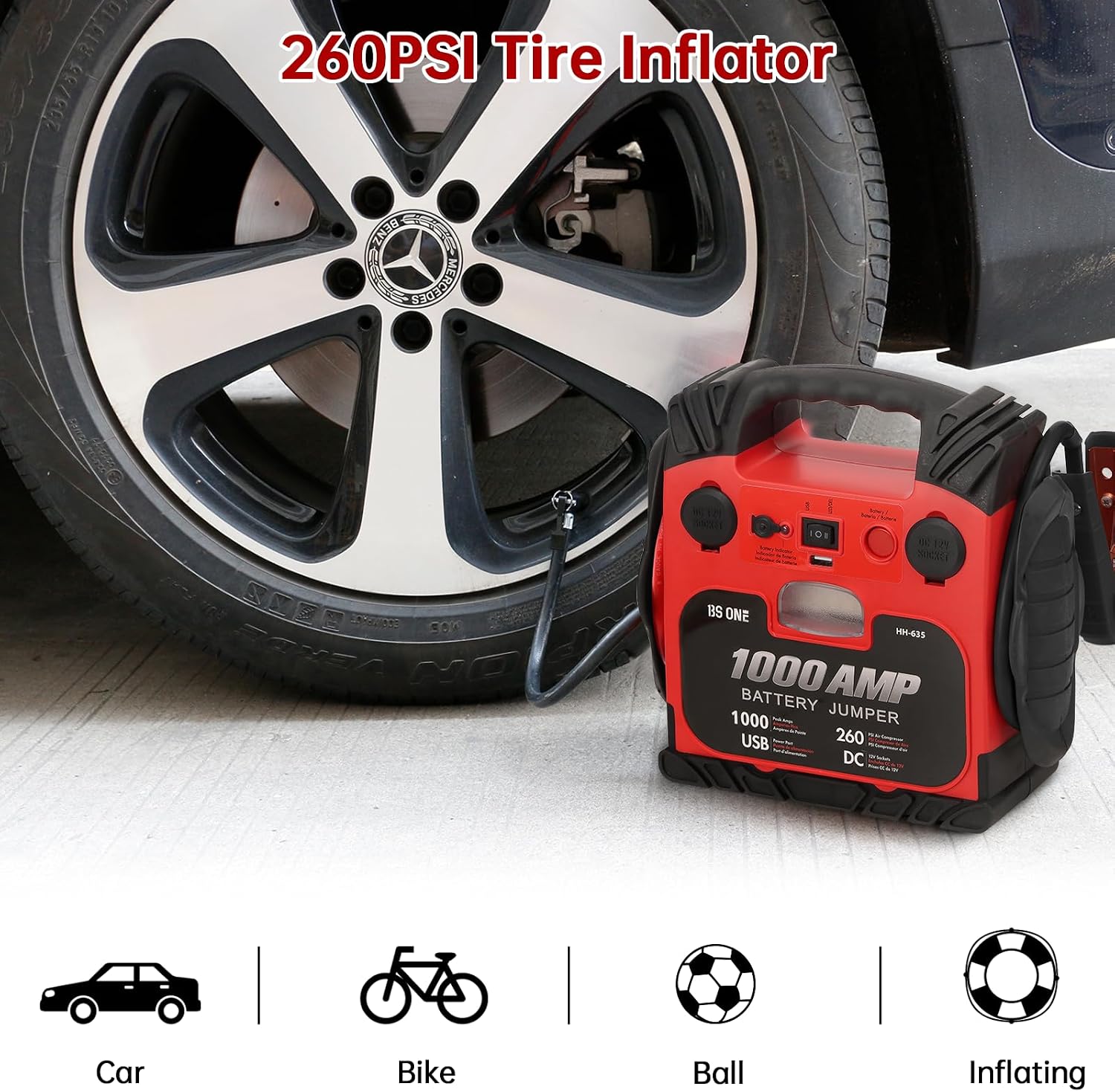 BS ONE 1000 Amp Peak Current Car Jump Stater, 12V Lead Acid Battey Jump Box with 260PSI Air Compressor, Jump Starter Battery Pack with Led Light & USB Output