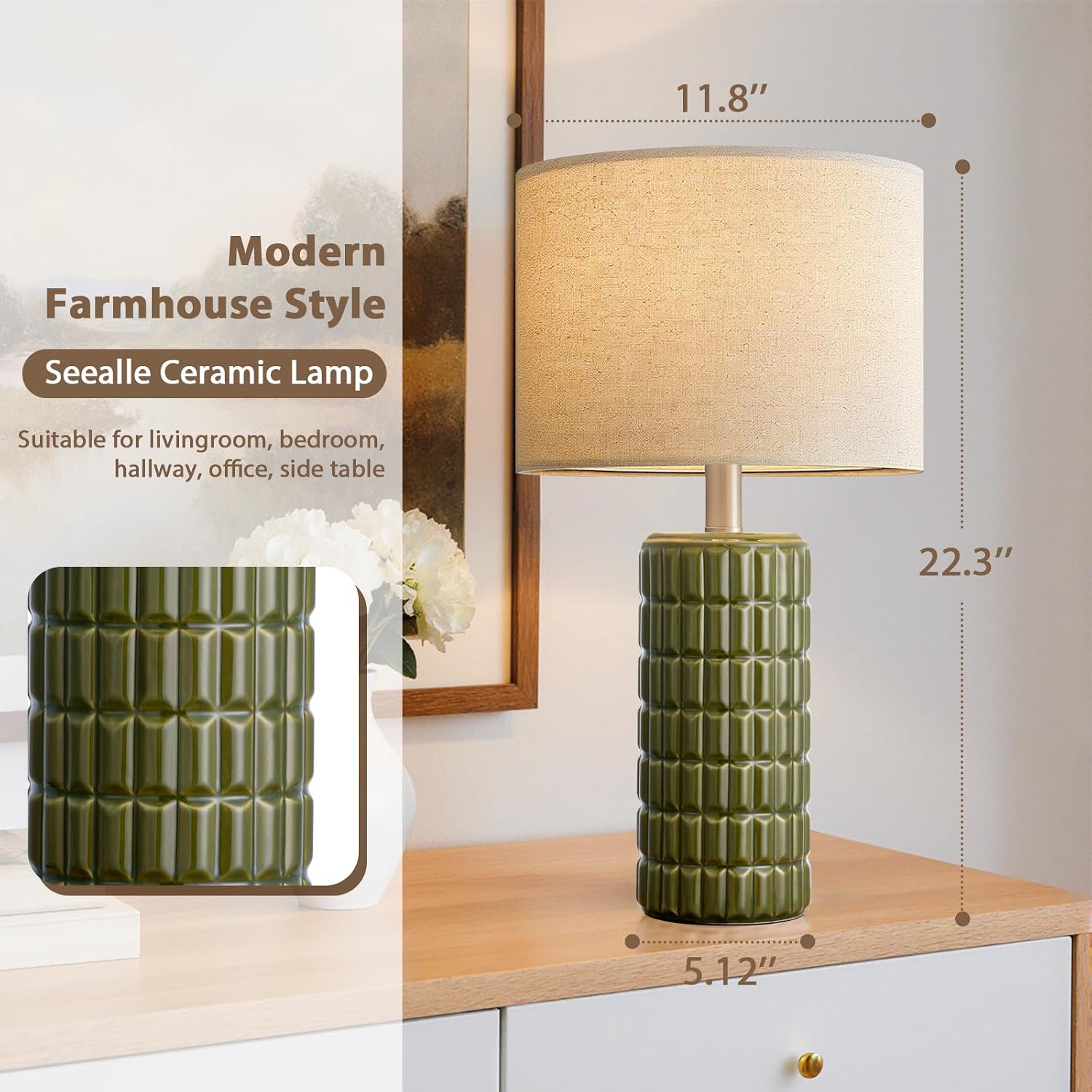 Seealle 23" Modern Ceramic Table Lamps Set of 2, Lamps for Bedroom, Green