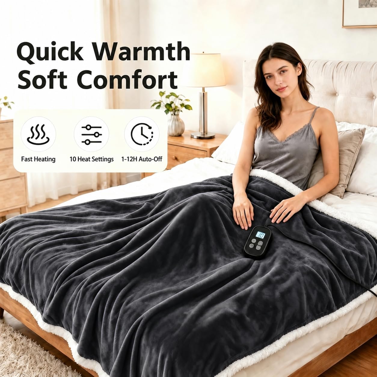 Electric Heated Blanket Full Size 72" x 84", Soft Flannel Heating Blanket for Bed, Sofa, Bedroom, 10 Heat Settings, 1-12H Auto Shut Off, Overheat Protection, Machine Washable, Charcoal Gray