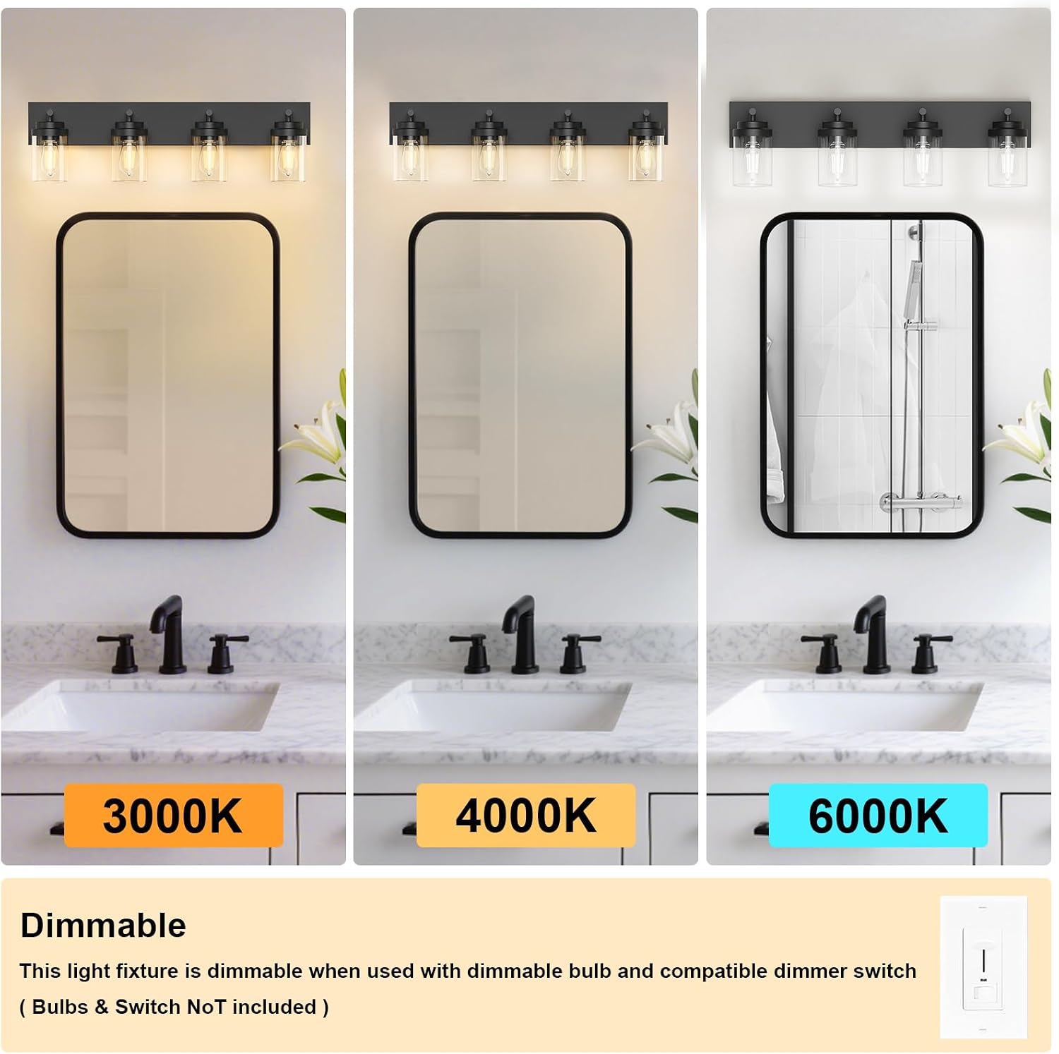 IZORRO Bathroom Vanity Light Fixture, 4-Light 30 Inch Matte Black Bathroom Light Fixtures Over Mirror, with Clear Glass Shade, Modern Farmhouse Vanity Lights, Rustic Restroom Lighting Fixtures
