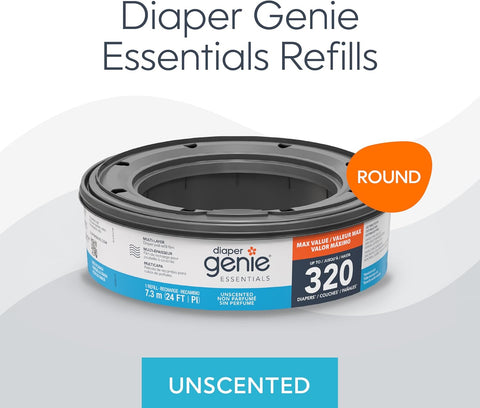 Diaper Genie Essentials Round Refill 4-Pack | Holds Up to 1280 Newborn Diapers | Features Unscented Continuous Film | Compatible with Diaper Genie Complete and Expressions Pails
