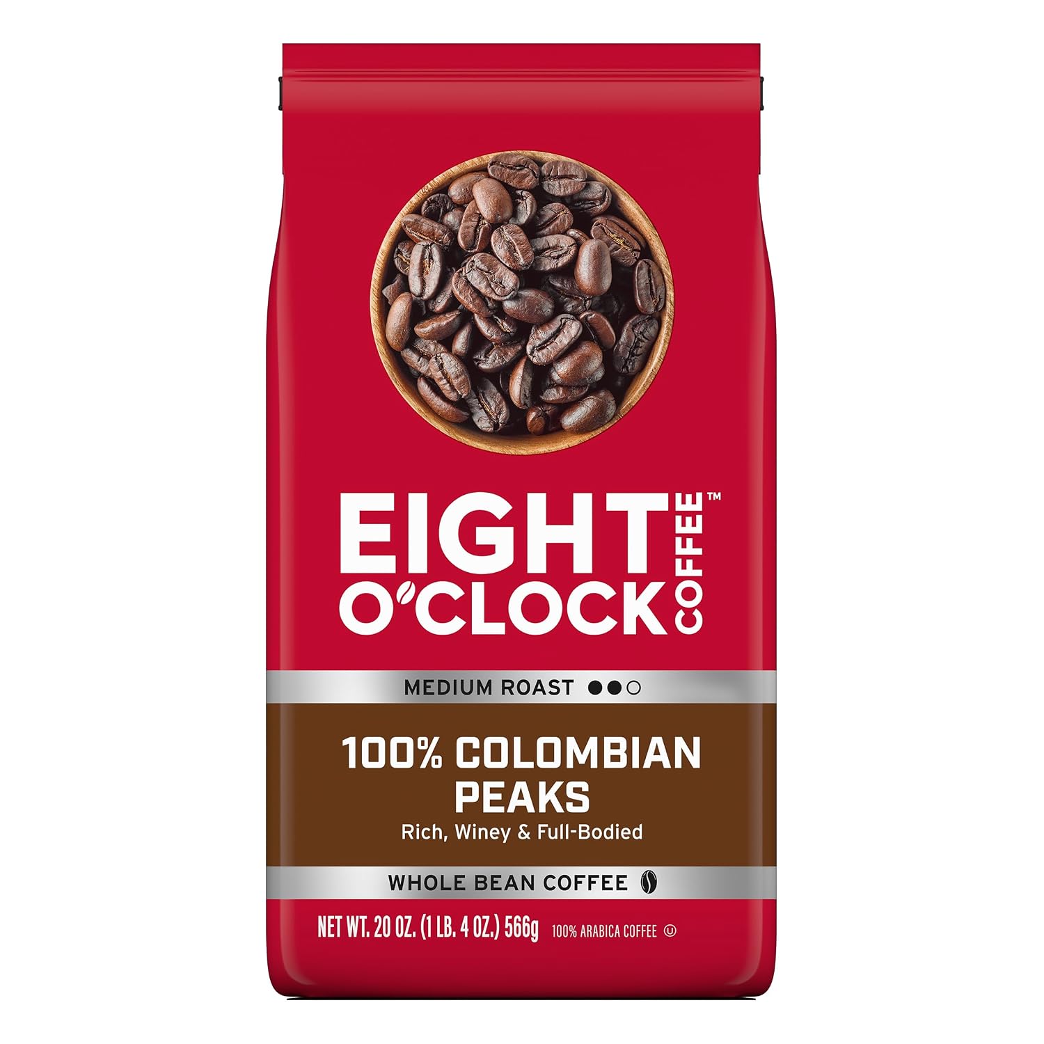 Eight O'Clock Coffee 100% Colombian Peaks, Medium Roast, Whole Bean Coffee, 100% Arabica, Kosher Certified, 18 Ounce (Pack of 6)