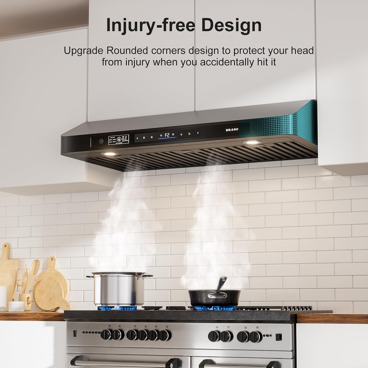 Brano Range Hood 36 Inch Under Cabinet,900CFM Voice/Gesture/Touch Control Ducted Kitchen Hood Vent With 4 Speed Exhaust Fan, Memory Mode, Adjustable Lights,Black