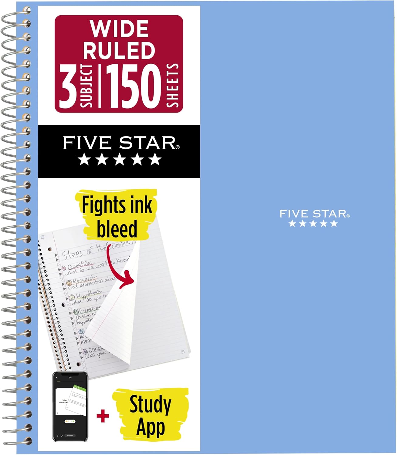 Five Star Spiral Notebook + Study App, 3 Subject, Wide Ruled Paper, 8" x 10-1/2", 150 Sheets, Fights Ink Bleed, Water Resistant Cover, Tidewater Blue (73184)