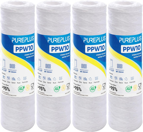 PUREPLUS 50 Micron 10"x2.5" Whole House String Wound Sediment Filter 4 Pack