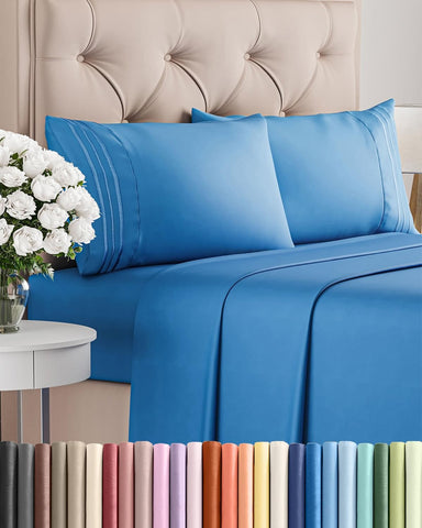 Queen Size 4 Piece Sheet Set - Breathable & Cooling Sheets - Royal Blue