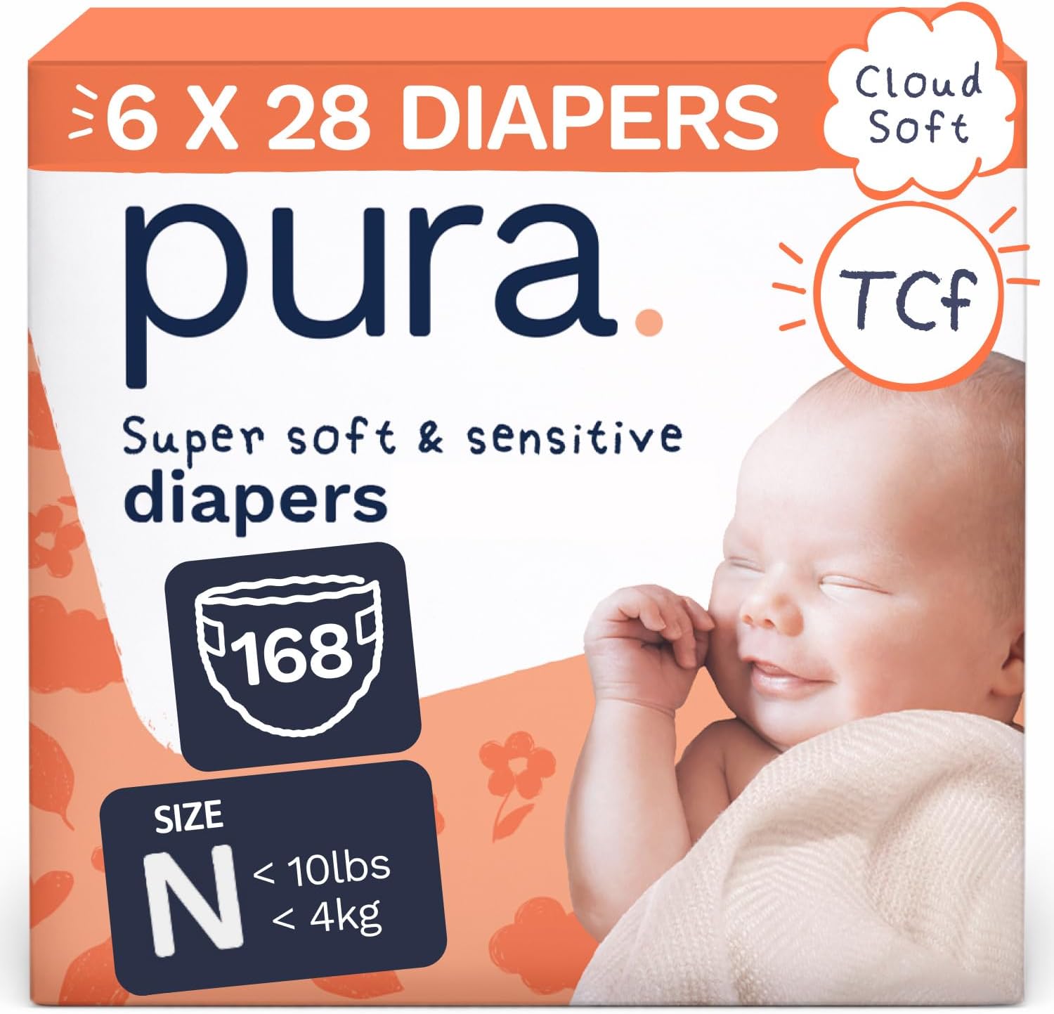 Pura Newborn Baby Diapers - Size N (Up to 10 lbs),168 Diapers, Cloud Soft Disposable Diapers for Sensitive Skin, Totally Chlorine Free, Blowout Blocker & Wetness Indicator